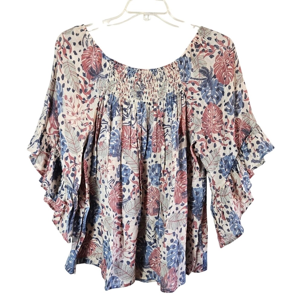 Women's Multicolor Tropical Leaf Smocked Ruffle Sleeve Blouse L Boho Coastal Top